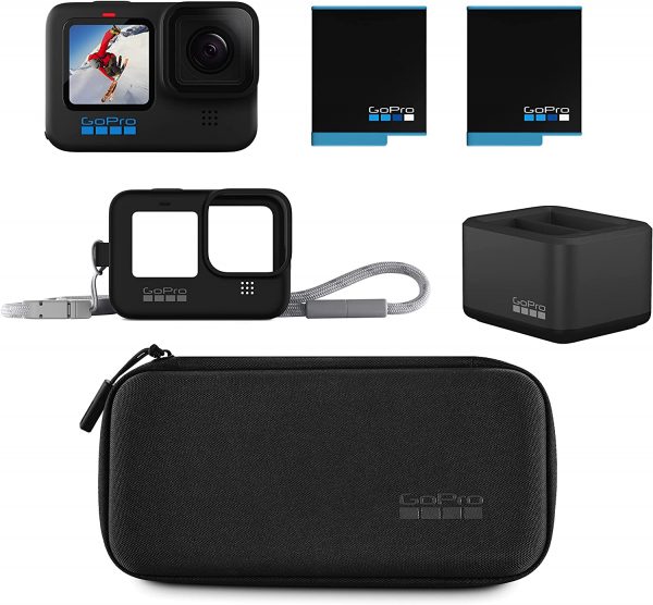 GoPro HERO10 Black with Dual Battery Charger + Battery (2 Rechargeable Batteries Total) and Sleeve + Lanyard (Black)